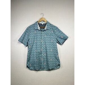 White Stuff Mens L Classic Fit Short‎ Sleeve Button Down Shirt Fish Print Blue